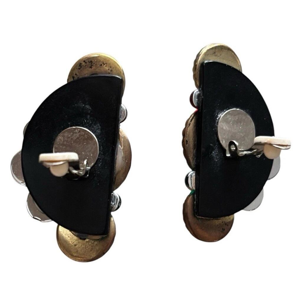 80s Mogul Gripoix Style Gold Tone Chunky Clip-On Earrings Rivioli Rhinestones - Picture 3 of 8